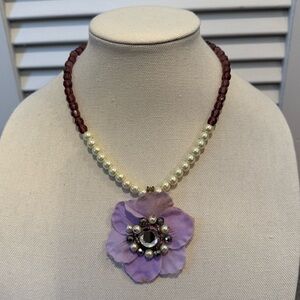 Vintage 19" Necklace w/Purple Fabric Flower, Faux Pearl, Silver & Purple Beads